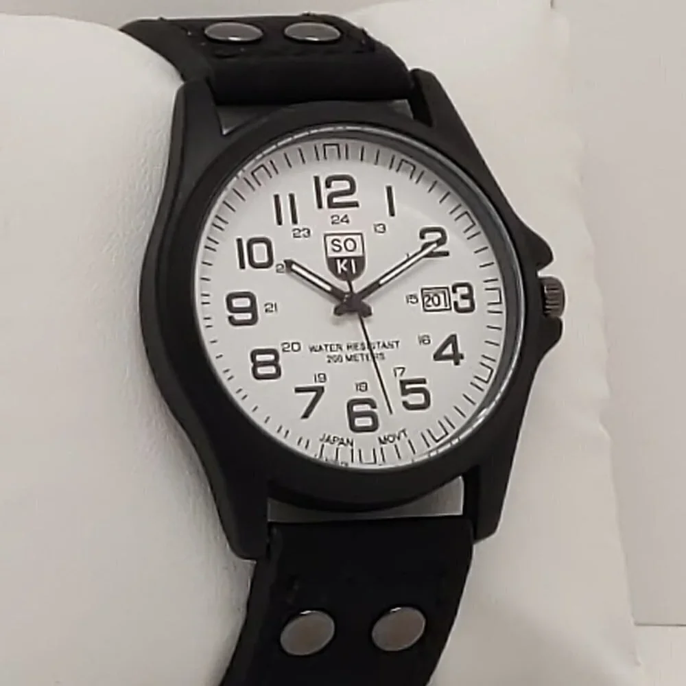 Men's Military Style Field Watch On Leather Strap 41mm Date Is Off